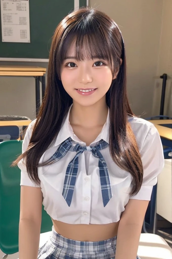 best quality, 8k, very delicate and beautiful, highly detailed face and skin texture, shiny skin, high resolution, sexy japanese girl in white shirt and short plaid skirt in classroom with smile, sharp focus