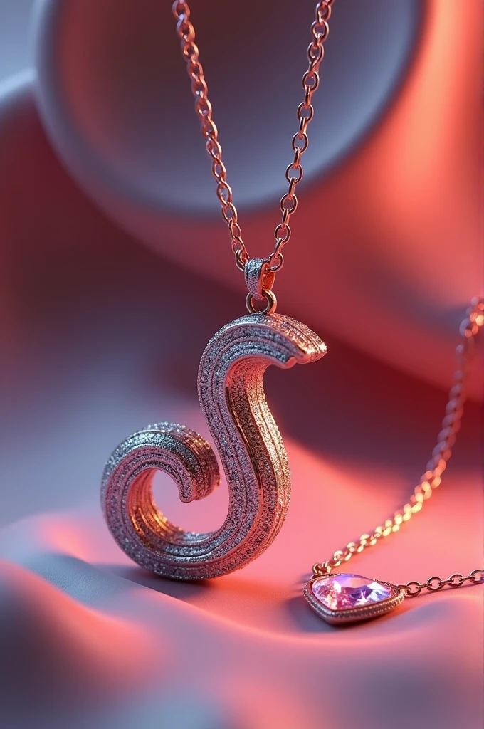 (3D unique necklace), elegant letter J design, beautiful heart pendant, smooth curves and intricate detailing, shimmering metallic finish, soft shadows playing over the surface, vibrant color accents, ultra-detailed, luxurious, suitable for jewelry display, well-lit showcasing the craftsmanship, modern aesthetic, captivating design elements, premium visual quality, artful composition.
