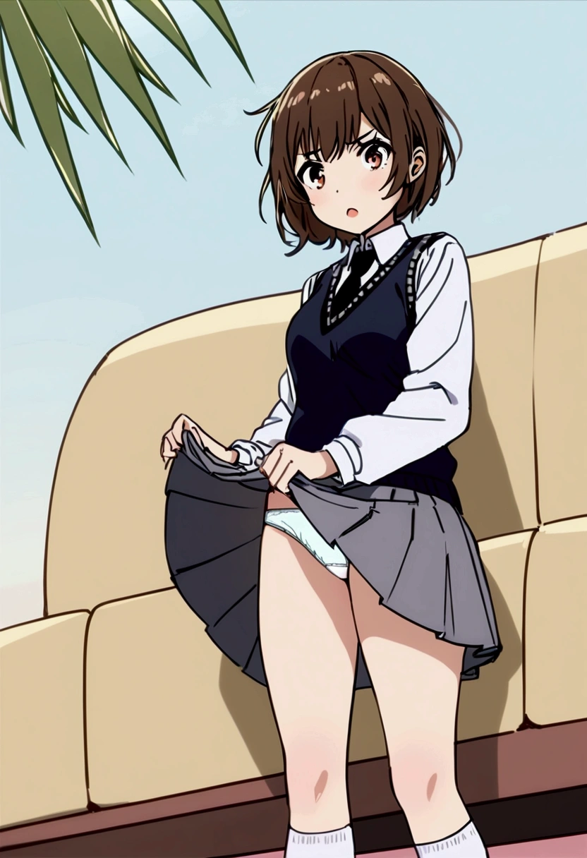 solo, 1girl, brown hair, necktie, brown eyes, short hair, standing, skirt lift, lifted by self, panties, sweater vest, socks, shirt, skirt, white shirt, white socks, school uniform, long sleeves, black necktie, vest, grey skirt