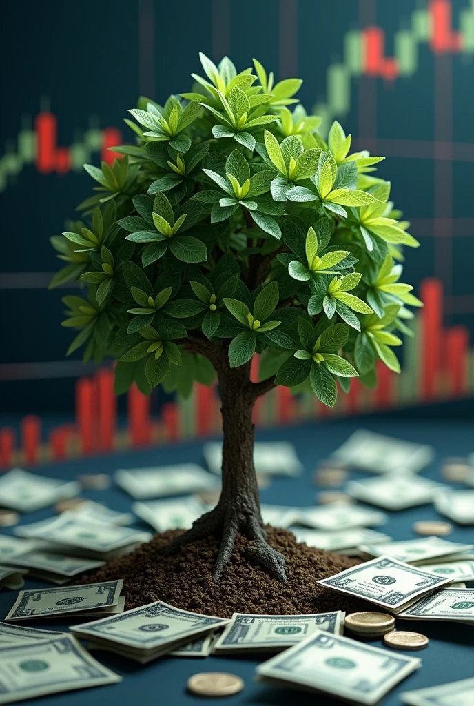 "Create an image depicting the concept of financial growth with a tree made of dollar bills growing from a stock chart. Include upward-trending lines and graphs, symbolizing successful investments and wealth accumulation."