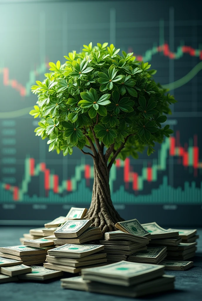 "Create an image depicting the concept of financial growth with a tree made of dollar bills growing from a stock chart. Include upward-trending lines and graphs, symbolizing successful investments and wealth accumulation."