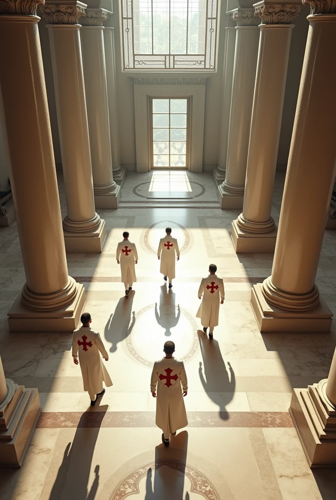 Aerial view of the interior of a large bank and the attendants wear white uniforms with a red Templar cross
