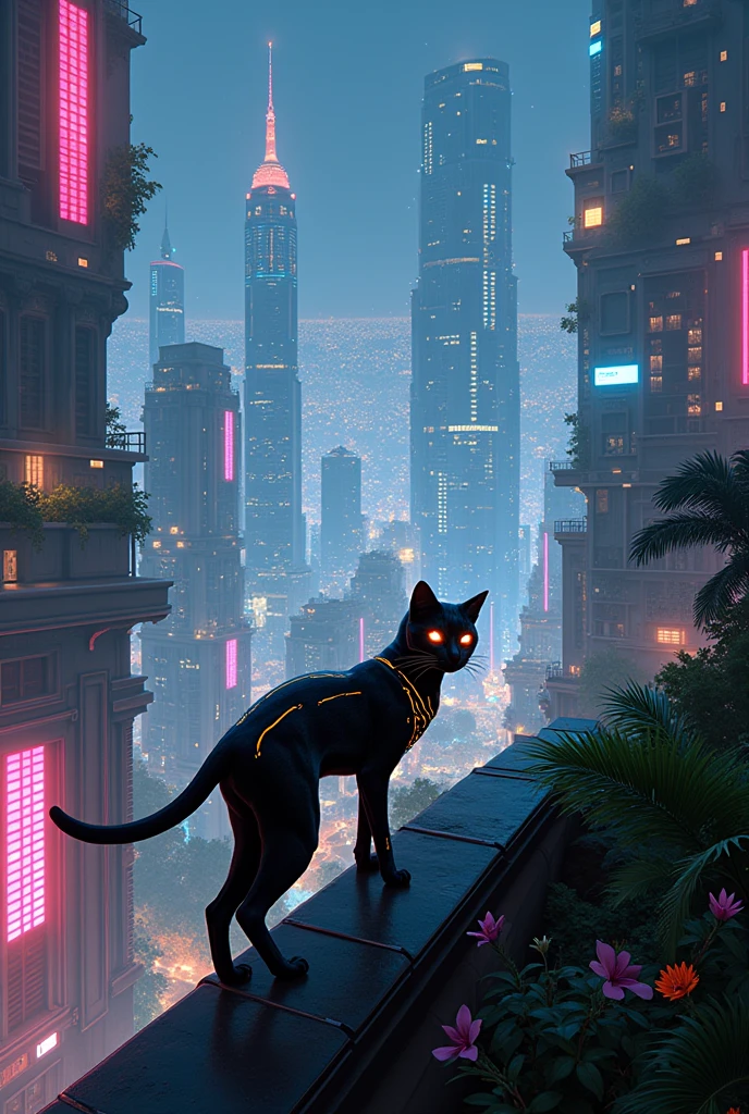 "Illustrate a futuristic cityscape where a sleek, cybernetic cat with neon accents is prowling the rooftop gardens, overlooking a glowing metropolis at night."