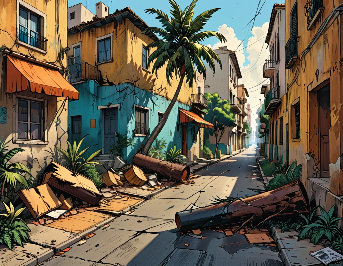 (((big cracks on the pot,big cracks on the ground,big cracks on the walls of the street,))) 
(((many man and many woman fall on the street,)))
tropical street, cracks in the street, ((((many people falling on the street)))), earth shaking, earthquake, (((people falling in the air))), ((people lying on the street)), palm trees, fallen trees on the street graphic style of novel comics, 2d, 8k, hyperrealism, masterpiece, high resolution, best quality, ultra-detailed, super realistic, Hyperrealistic art, high-quality, ultra high res, highest detailed, lot of details, Extremely high-resolution details, incredibly lifelike, colourful, soft cinematic light,