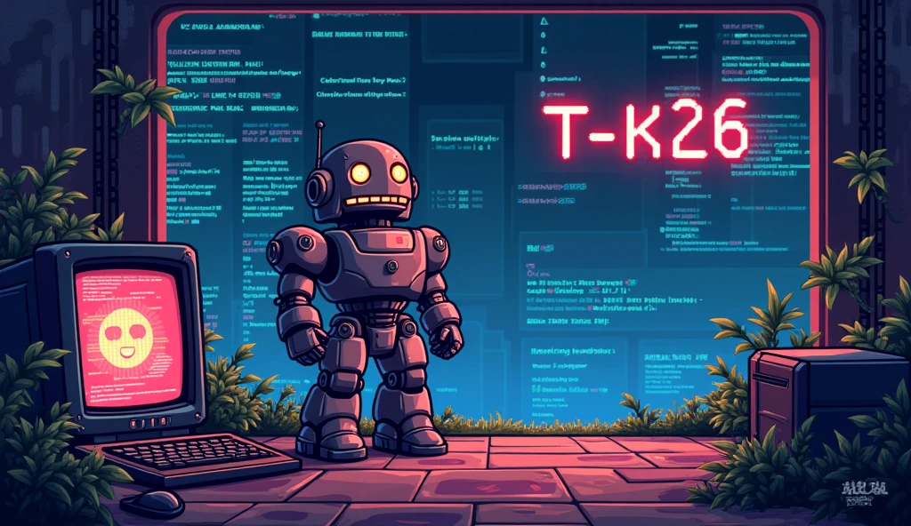 game pixel background with robot, computer, ++ in pac-man’s mouth, javascript, python, html and text TiK26 with T and K capitalize