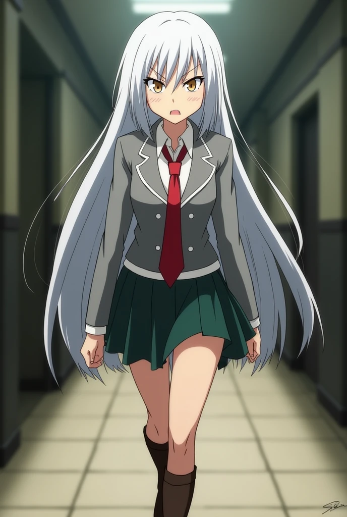 Screenshot Boku no hero academia, beautiful woman, with long straight hair, white color with black highlights in her hair, slanted eyes, light brown eyes, with grey uniform jacket, Red tie, Dark green skirt, brown socks, light brown shoes, with an angry expression, walking in a hallway full body