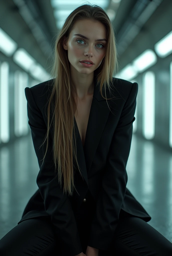 Fashionable of androgynous alien looking witch, glowing eyes, beautiful evil slavic muscular woman, pale skin, long light brown hair, futuristic design, minimal details, givenchy, photoreal, 200mm, hd, f/ 2.0, highly detailed, surreal, sitting, light smile, simple black stylish clothes, a slight smiledrop dead, in the style of red and blue, (intricate details, hyperdetailed:1.15) (skin texture:1.2), cinematic, professional, 4k, (((dynamic model pose))), sitting, full body, mesmerizing, dynamic, dramatic, sensual, dynamic pose, highly detailed skin with hair, subcutaneous veins, light and shadow play, highly detailed,24mm photograph, film, bokeh, professional, 4k,