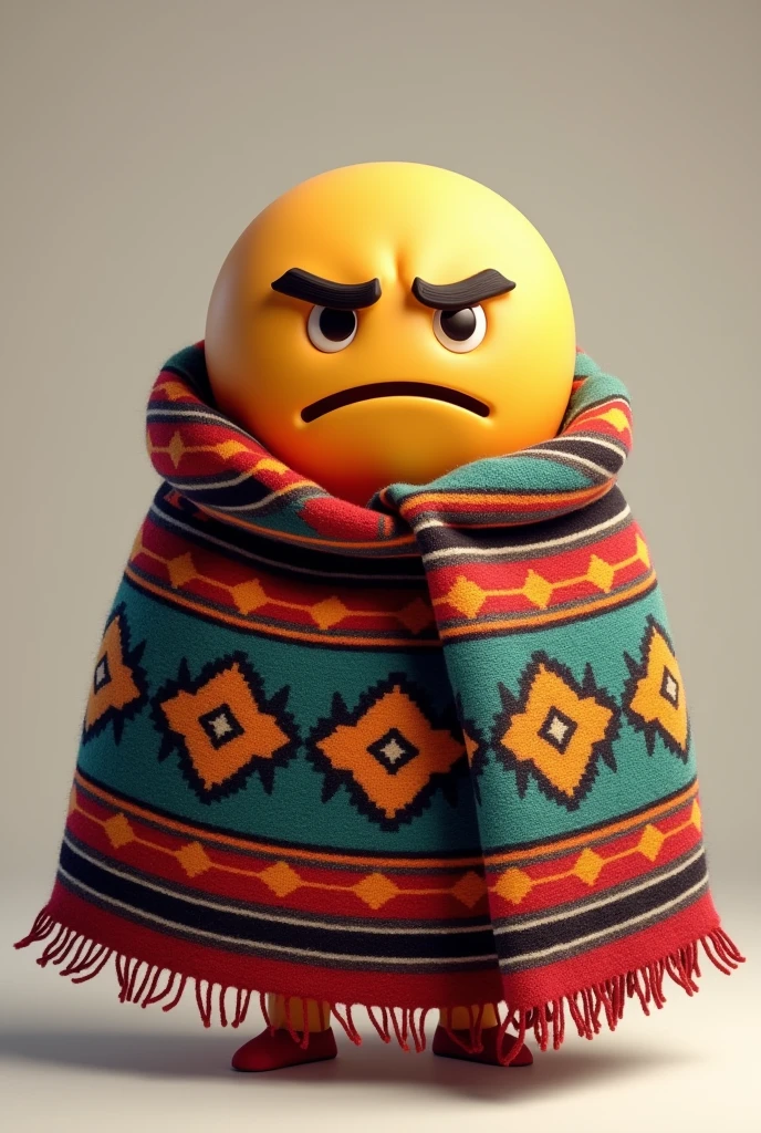
An emoji with a round, frustrated face wearing a traditional Incan blanket, with geometric designs and vibrant colors like red, blue, green and yellow. With nothing in mind 
