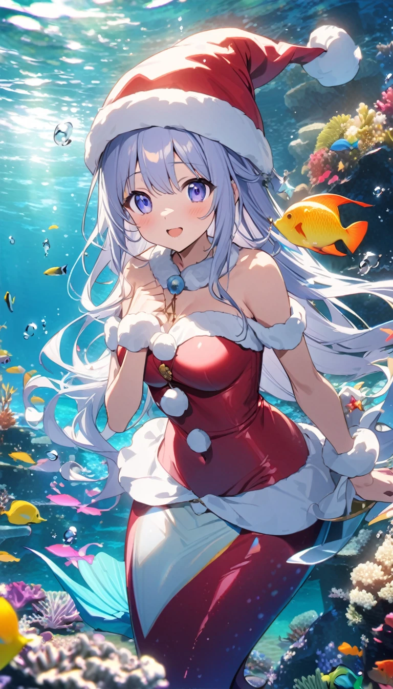 (seabed)、(Sea:1.3)、Colorful tropical fish swimming、white coral reef、Bright colors、Masterpiece、anime、Cute atmosphere、Mermaid wearing a Santa hat、
