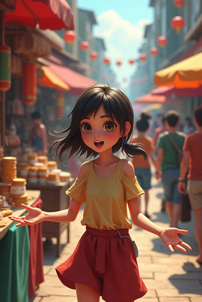Girl shouting and selling on street
