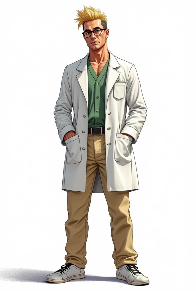 a drawing, bright coloured, one men, 3, tall stature, 85 kilos, surfer style hair, dark blonde, Eyeglasses, army doctor clothes, white labcoat, beige pants, shoes, Seriously, thinker, fully body, white background