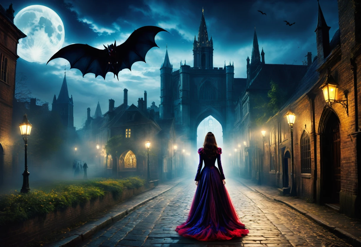 London:night:16th century,creepy atmosphere,City with a view of the bell tower,月night,Woman in dress runs away:back view,Count Dracula in pursuit:back view,movie scene,movie poster,she was attacked by a vampire,I was deliberately forced to run away., so that I could enjoy the hunt..,the future is hopeless,Will God leave her???,Photos, that excite the viewer,masterpiece,detailed,rich colors,dramatic,colorful,fairy