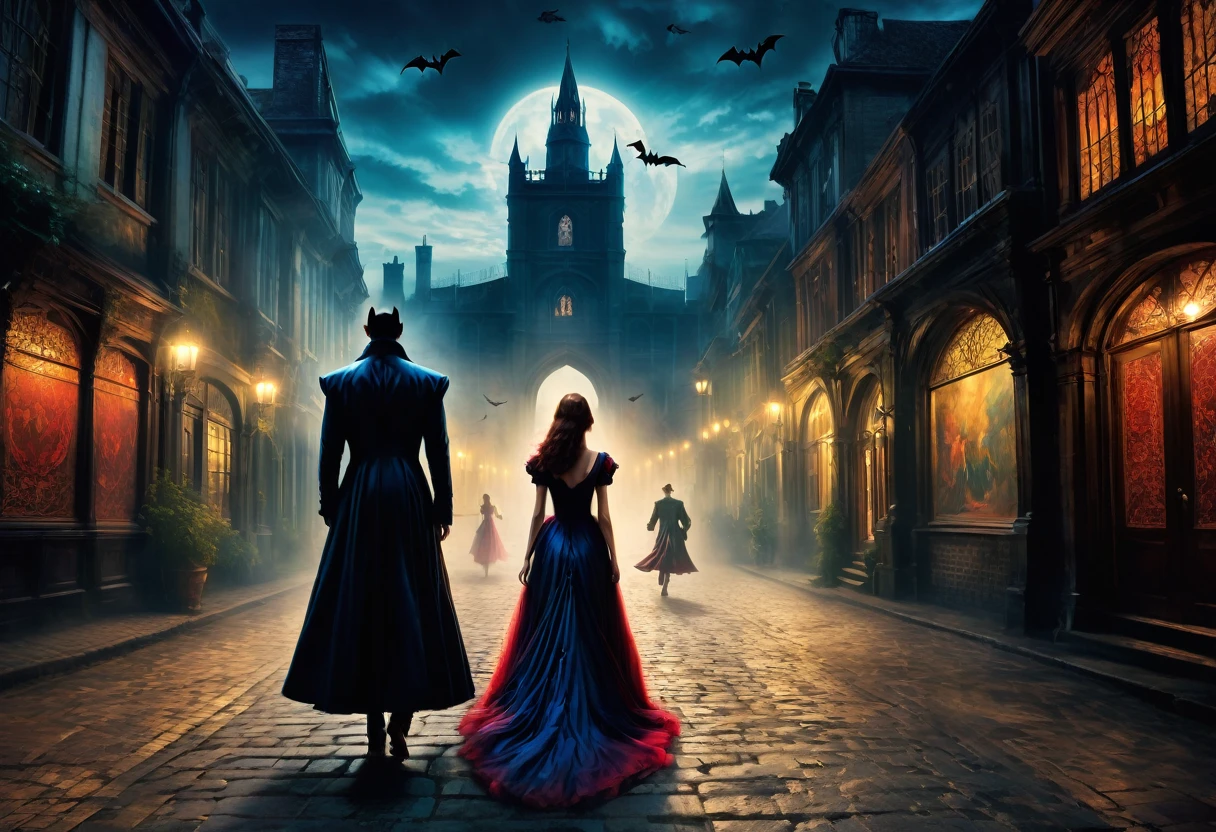 London:night:16th century,creepy atmosphere,City with a view of the bell tower,月night,Woman in dress runs away:back view,Count Dracula in pursuit:back view,movie scene,movie poster,she was attacked by a vampire,I was deliberately forced to run away., so that I could enjoy the hunt..,the future is hopeless,Will God leave her???,Photos, that excite the viewer,masterpiece,detailed,rich colors,dramatic,colorful,fairy