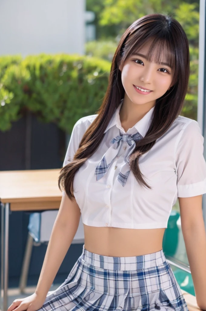 best quality, 8k, very delicate and beautiful, highly detailed face and skin texture, shiny skin, high resolution, sexy japanese girl in white shirt and short plaid skirt in classroom with smile, sharp focus