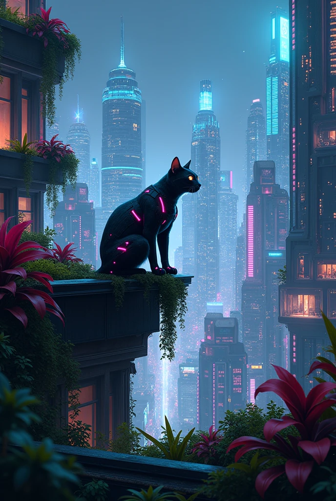 "Illustrate a futuristic cityscape where a sleek, cybernetic cat with neon accents is prowling the rooftop gardens, overlooking a glowing metropolis at night."