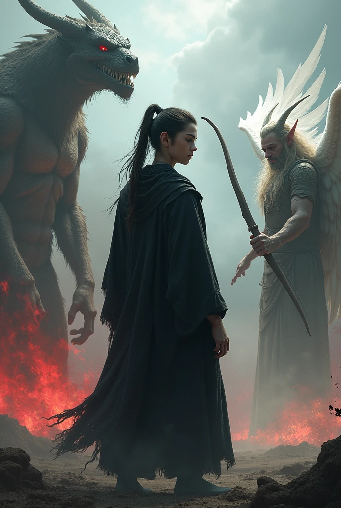 A young man with his back turned, with long hair tied in a ponytail and wearing black robes, He looks so relaxed despite the view in front of him, where several beings are seen that did not stop watching the young man very closely; Among these beings there was a humanoid demon with a red glow, a black dragon with a withering gaze, A giant in shining armor with a sinister smile, an extravagant elf with bow aiming at the young man and an angel with shining white wings on a battlefield