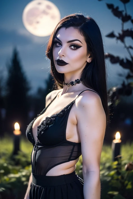 Generate a hyper-realistic image that employs the shallow depth of field technique, half-body portrait to highlight a pretty goth girl wearing a gothic medieval clothes , Hot body, sensual, sexy, at ((night in a creepy cemitery)) setting, (((under the moonlight))). The girl should be the focal point, with crisp clarity, while the background of the forest should be gently blurred to create a bokeh effect. (((black roses In the foreground))) should be visible but blurred, adding depth to the composition.", adding depth to the composition. Sony Alpha A7R III, macros lens , f/5.6. ((Cinematic purple Lighting)) .