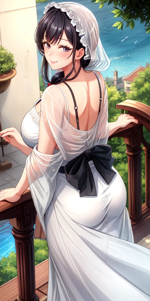 Suzukawa_akana, large_breasts, standing, solo, white dress , masterpiece, best quality, detailed face, detailed eyes, highres,score_9, score_8_up, score_7_up, score_6_up, 1girl, , mature female, black hair, long twin tail hair, black bra, black panties, seductive smile, balcony, railing, bent over, looking back, from behind, teasing, (covered in semen:1.4)