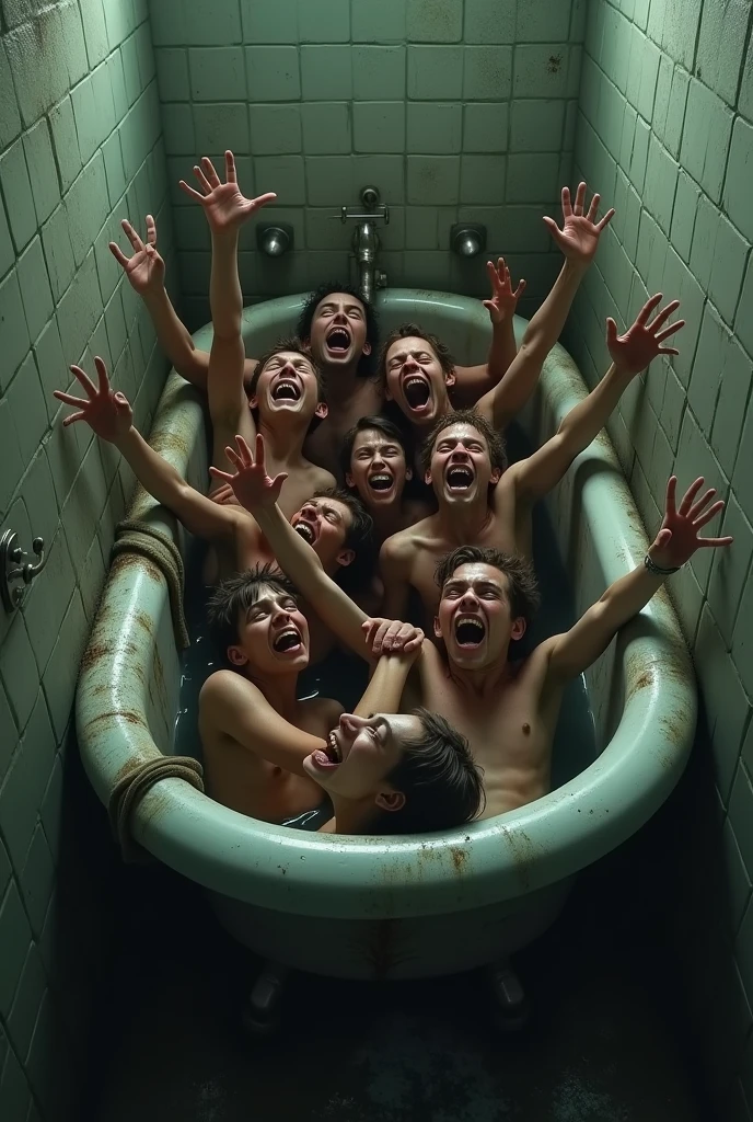 An intense scene of multiple people trapped in a small, old-fashioned bathtub. They are desperately screaming for help, with expressions of fear and panic on their faces. The bathroom around them is dimly lit and grimy, with water overflowing from the tub. The people are tightly packed, reaching out with their hands, their faces showing a mixture of terror and urgency. The overall atmosphere is claustrophobic, with shadows and dampness highlighting the tension in the scene."