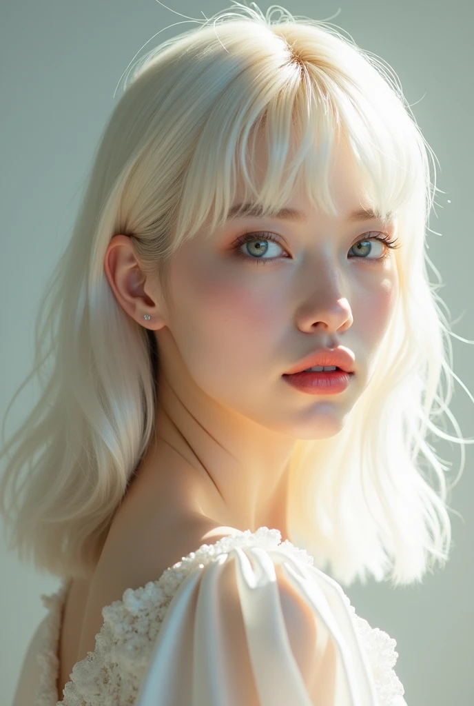 He is a man of delicate and feminine beauty, with an oval face with translucent and soft skin, slightly pinkish. Her thin, pink lips complement her sweet and gentle expression.. She has large blue-gray eyes and long, curved eyelashes that enhance her luminous gaze.. Her platinum blonde hair is straight and silky., hairstyle in a medium length with bangs that frame her forehead. With a slim figure of 1.72 meters and 60 kg, moves with grace and elegance, highlighting its delicate and harmonious nature.
