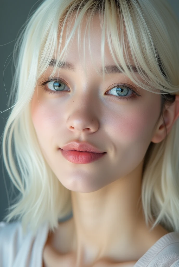 He is a man of delicate and feminine beauty, with an oval face with translucent and soft skin, slightly pinkish. Her thin, pink lips complement her sweet and gentle expression.. She has large blue-gray eyes and long, curved eyelashes that enhance her luminous gaze.. Her platinum blonde hair is straight and silky., hairstyle in a medium length with bangs that frame her forehead. With a slim figure of 1.72 meters and 60 kg, moves with grace and elegance, highlighting its delicate and harmonious nature.