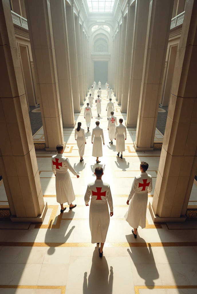 Aerial view of the interior of a large bank and the attendants wear white uniforms with a red Templar cross 