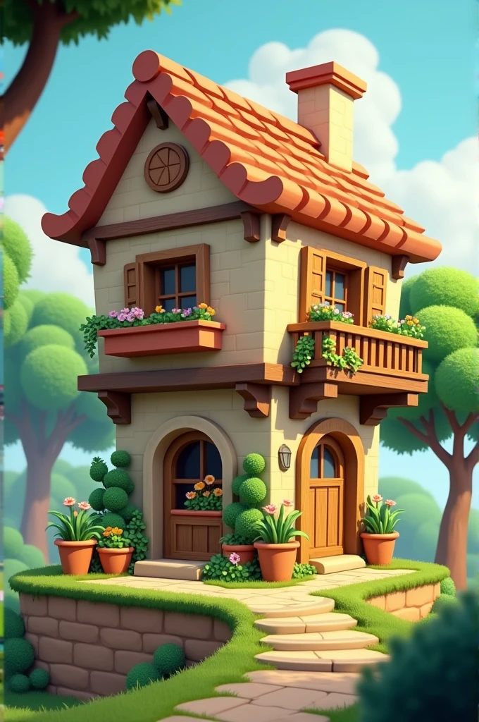 (Anime, cartoon, minecraft 1:2)
"A charming, cartoonish two-story house with an animated, whimsical art style. The house features warm colors with a brown roof made of overlapping clay tiles and a stone foundation. The first floor has stone walls, wooden beams, and a cozy arched doorway surrounded by lush greenery and plants. The second floor has beige walls with wooden shutters, potted flowers, and a small balcony adorned with railings and plants. The house sits on a small plot elevated by rocks with stone steps leading up, surrounded by trees with round foliage. A bright sky with clouds hovers in the background."

This description captures the key elements, colors, and the artistic vibe of the building in the image.