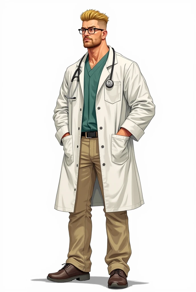 a drawing, bright coloured, one  men, 3, tall stature, 85 kilos, surfer style hair, dark blonde, Eyeglasses, army doctor clothes, white labcoat, beige pants, shoes, Seriously, thinker, fully body, white background 