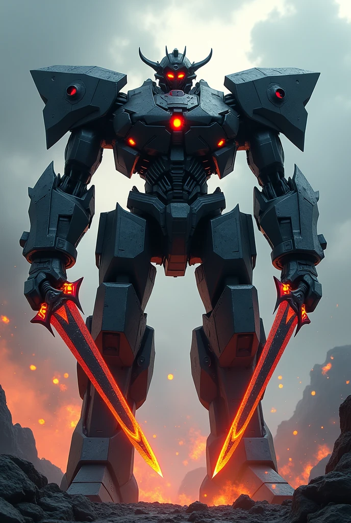 Generate Titan robot like a tower with black colour With fiery red eyes and holding two swords 
