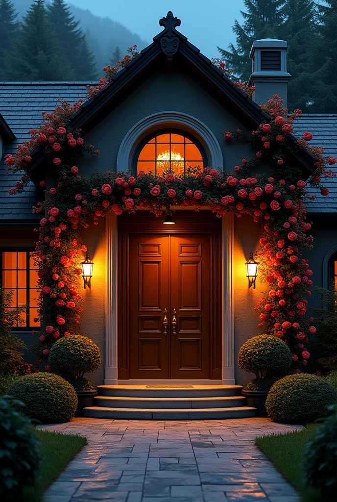 high resolution、8k、Stylish house entrance、Surrounded by flowers、night、Outdoor lighting、Many flowers bloom on the exterior walls、Very realistic、Plump、The surroundings are dark、