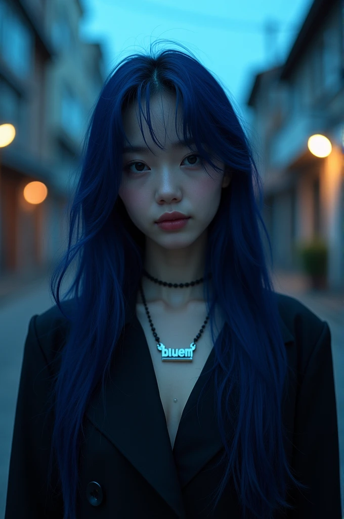 Panorama, First-person perspective, Twilight, Naturalism, HDR, Blue hour, Street photography, Fashion photography with a necklace "BLUEM".In the style of mafia look girl, long navy blue hair make the necklace big and readable
