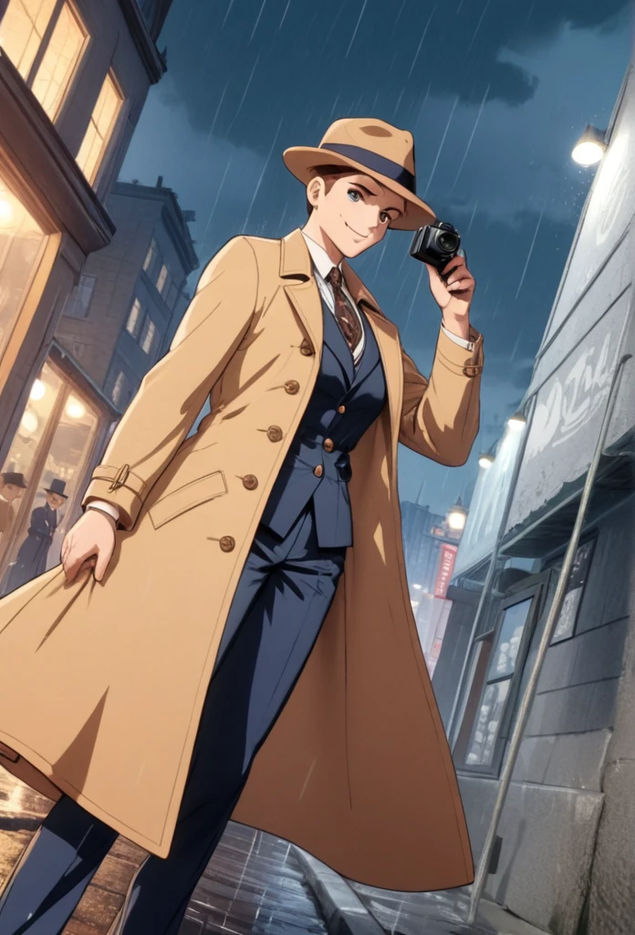 detailed illustration (side view),dynamic angle,ultra-detailed, illustration, pose for the camera, smiling at viewer, clean line art, shading, anime, 2020’s anime style, detailed eyes, detailed face, beautiful face standing on a sidewalk, Detective, trench coat, fedora hat, Johnny dollar inspired, Philip Marlow inspired, 1940’s, woman, in a suit a coat, night, rain, brown hair, hard boiled, female fatale vibes.