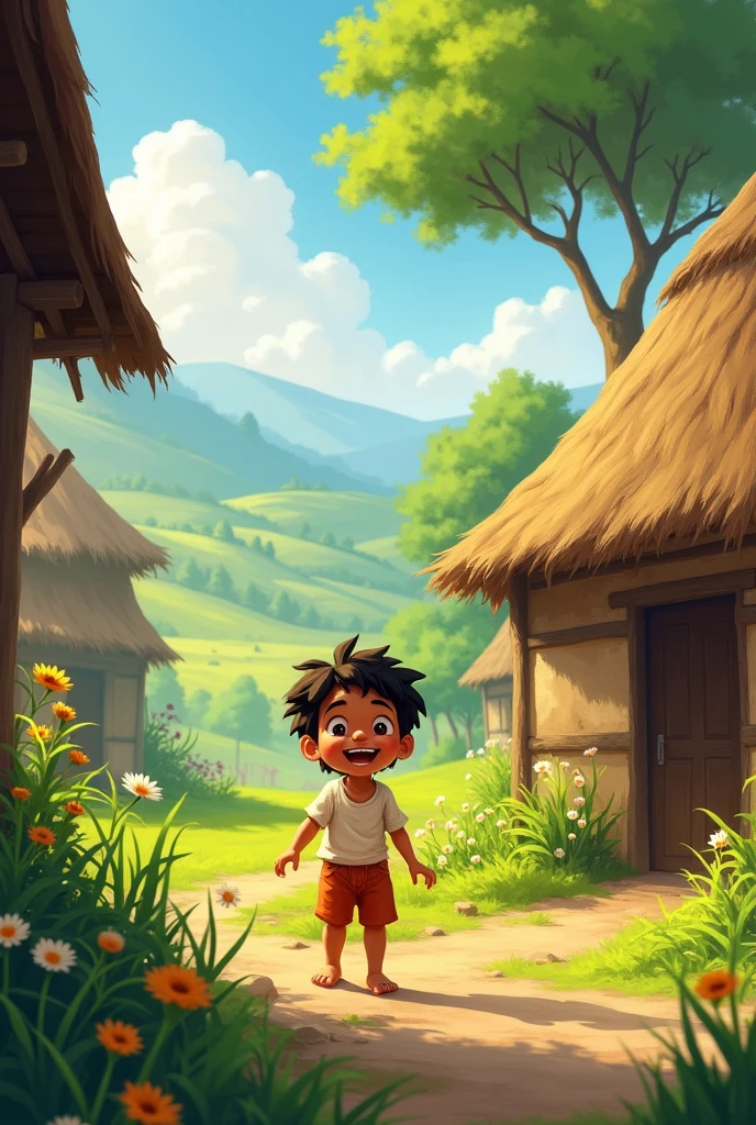 Prompt: A small, picturesque village with traditional huts and a  named Gopal playing happily near his home. The village has a serene, rural landscape with trees and fields in the background.
