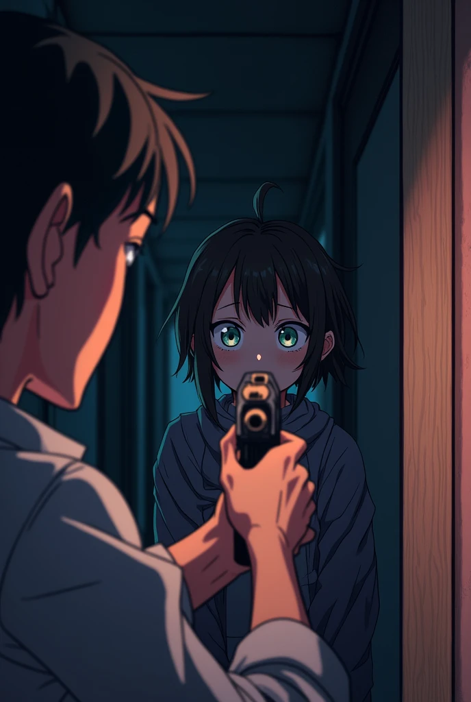 In the anime、I point a gun at the girl ,ass pov,First-person view