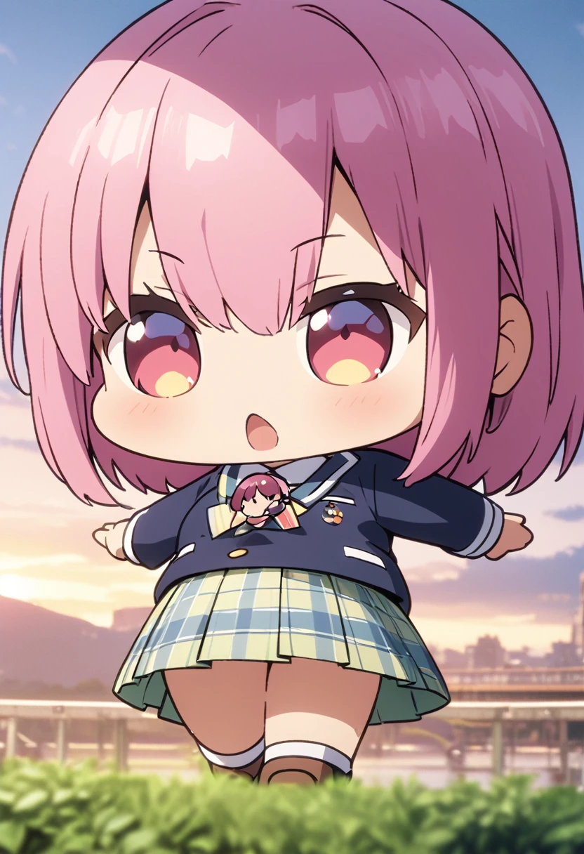 (Highest quality, 4K, 8k, High resolution, masterpiece:1.2), Very detailed, Picturesque, Animated Photography, Photo Animation:1.37)、Japanese schoolgirl、(Pink Hair)、(short hair)、(chibi:1.4),white shirt、Yellow-green checkered skirt,(high scool uniform:1.2)、navy blue jacket、standing、Looking Over Shoulder、Full body photography、Nakano ichika