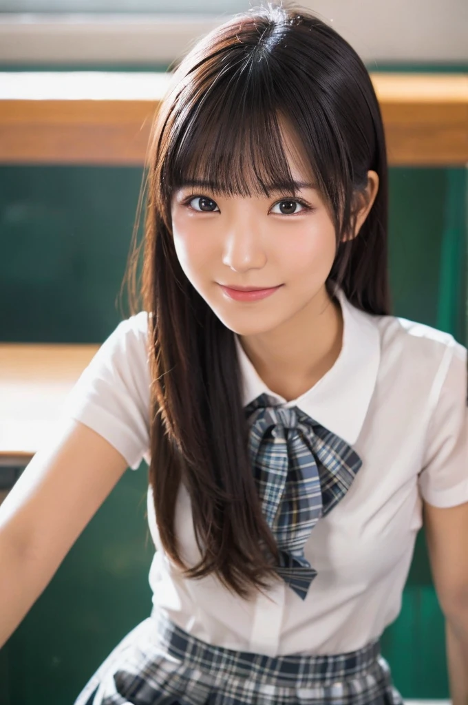 best quality, 8k, very delicate and beautiful, highly detailed face and skin texture, shiny skin, high resolution, sexy japanese girl in white shirt and short plaid skirt in classroom with smile, sharp focus