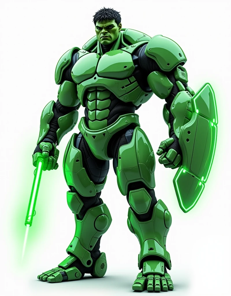 Generate a concept in AI,AI,Half Body,Mecha like Marvel's giant and massive Hulk full color shine green in the rust armor, cyberpunk hi tech helmet, Technology,Surreal, green neon laser axe like stawars lightsaber in right hand, and transparent green neon laser shield with light borders, in left hand, white background