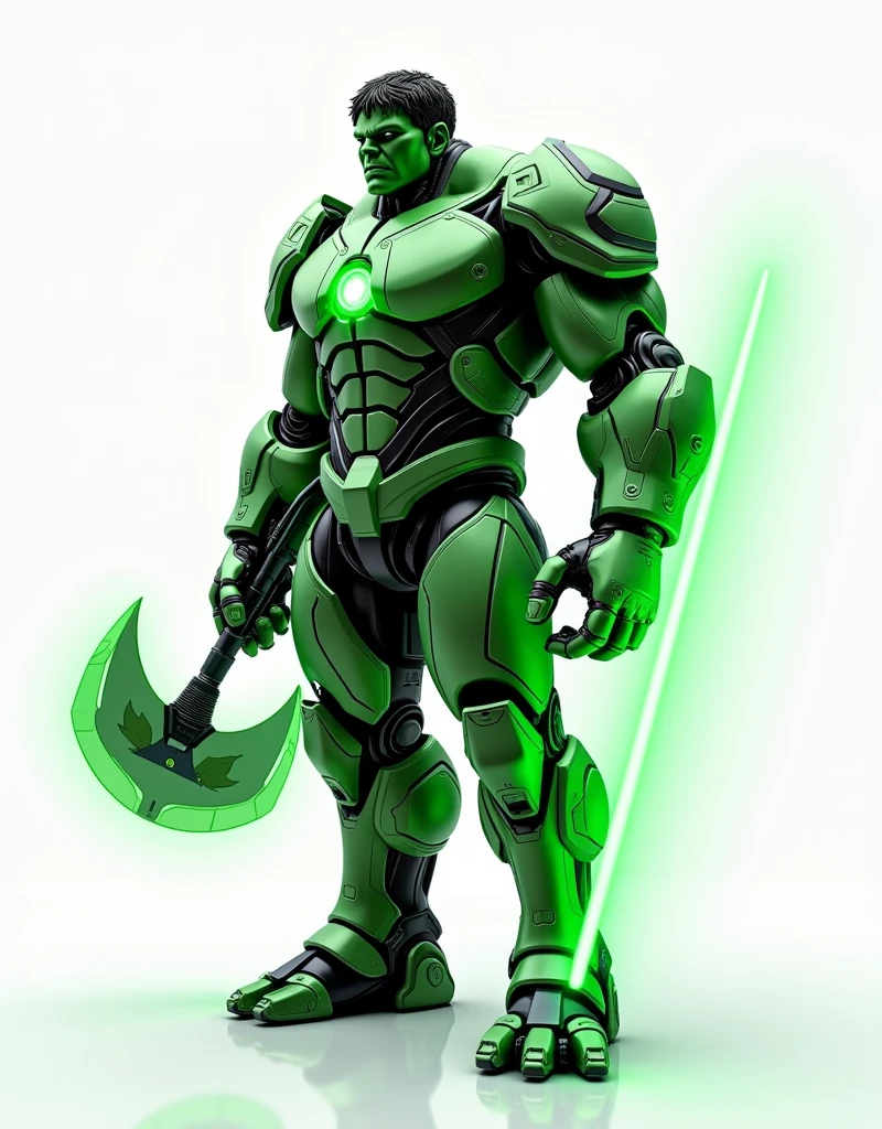 Generate a concept in AI,AI,Half Body,Mecha like Marvel's giant and massive Hulk full color shine green in the rust armor, cyberpunk hi tech helmet, Technology,Surreal, green neon laser axe like stawars lightsaber in right hand, and transparent green neon laser shield with light borders, in left hand, white background