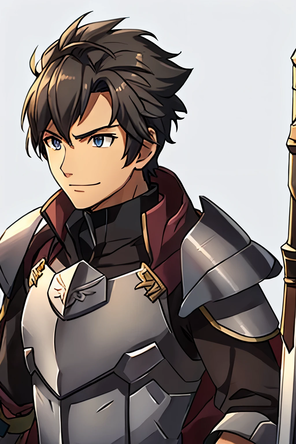 (high-quality, breathtaking),(expressive eyes, perfect face) 1male, boy, solo, portrait, Fire Emblem Awakening, Symmetrical Eyes, grey background, dark Brown hair color, short hair length, messy wavy hair, upper body, dark brown eyes, detailed eyes, masculine face, positive expression, charming smiling, Fredrick (Fire Emblem: Awakening), brown and grey armor, weapon, breastplate, polearm, gauntlets, shoulder armor, pauldrons, upper body, messy shaggy hair, Fire Emblem Portrait
