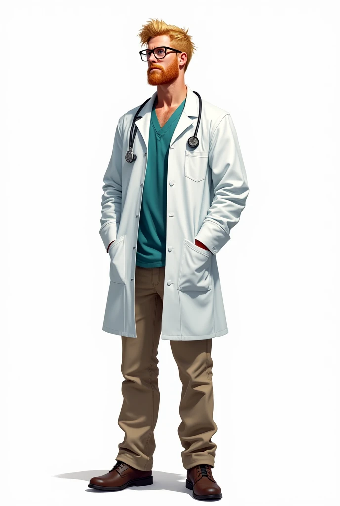a drawing, bright coloured, one men, 3, six feet tall, 85 kilos, surfer style hair, dark blonde, Eyeglasses, army doctor clothes, white labcoat, beige pants, shoes, Seriously, thinker, fully body, white background