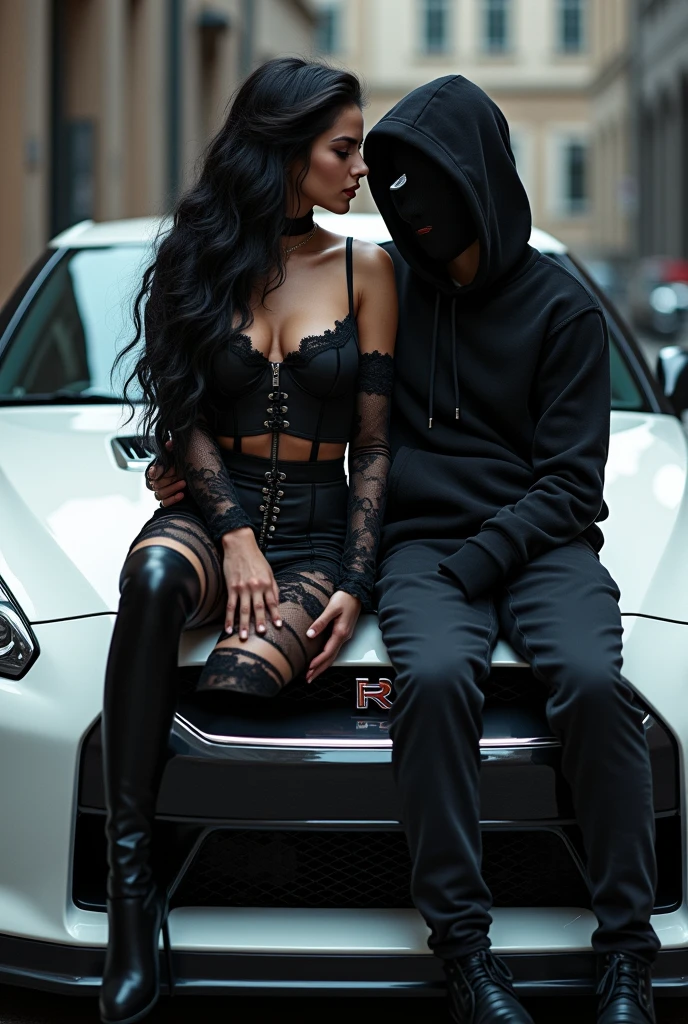 beautiful woman with a great body wearing a very sexy gothic outfit sitting on the lap of a young man who is wearing a black hooded sweatshirt on his head,a mask like Kakashi's,black pants and jordan sneakers on top of a white GTR r35