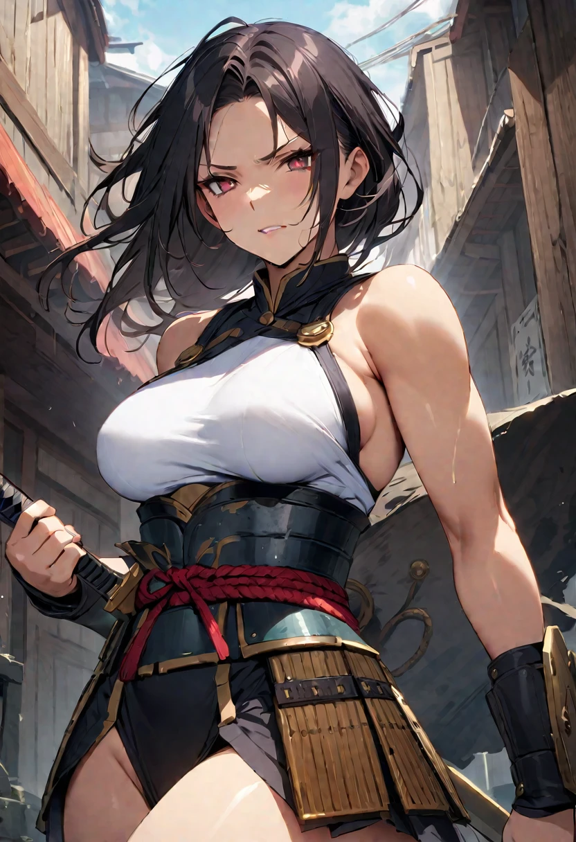 (One Japanese woman)、((Japanese female military commanders))、(Goddess of War)、((Old Japanese Armor))、((Holding the Japan sword))、(True to prompts)、(Deluxe)、(Feminine hourglass curves)、(Muscular)、(Glaring with sharp eyes)、(unrealistic, Oversized breasts),(Outdoor)、(What&#39;s left behind)、((Many people々))、(sunny)、(blue sky)、(Best lighting)、{{{Browsing Caution}}}、{{{masterpiece}}}, {{{Highest quality}}}, {{ultra-detailed}}, {{shape}}, {{{Very delicate and beautiful}}},{{extremely detailed CG}}、{{unity 8k portrait}}、{{Fabric Shading}}、{{super detailed skin}}、{{Perfect Anatomy}}、{{detailed}}、{{Dynamic Lighting}}、{{{beautiful detailed eyes}}}、{{{beautiful detailed Face}}}、(Perfect Face)、(非常にdetailedな顔)、(Perfect Eyes)、(Perfect Legs)、(Perfect breasts)、(Perfect pose)、(Perfect body)