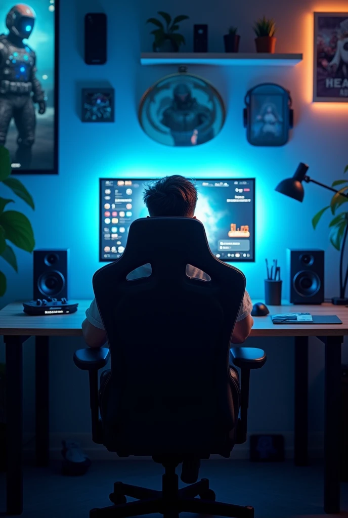 A 2 is facing a screen in a dark, immersive gamer room. The environment is illuminated by soft blue LEDs that highlight the gamer desk filled with equipment. The young man, in his gaming chair, is focused on the screen, with the glow reflecting on his face. The room is detailed with game posters, high-tech peripherals, and futuristic decor, creating an engaging atmosphere.



