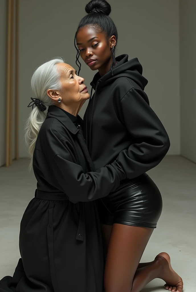 black woman hair in a bun black hoodie black leather short shorts a old grandma in a dress on her knees kissing her ass behind her
