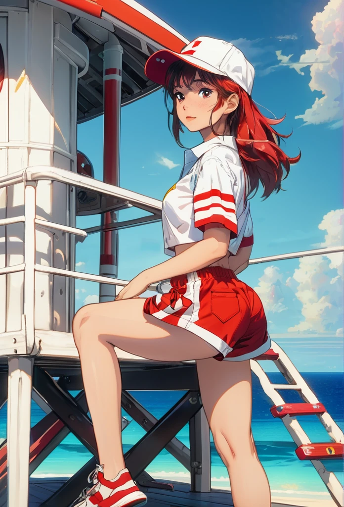 1girl, a girl as a lifeguard, sitting in the sun on a white lifeguard tower, plain white shirt, red shorts, 8k, professionally color graded, depth of field , futuristic-fantasy-anime