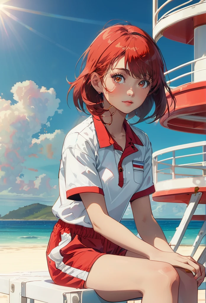 1girl, a girl as a lifeguard, sitting in the sun on a white lifeguard tower, plain white shirt, red shorts, 8k, professionally color graded, depth of field , futuristic-fantasy-anime