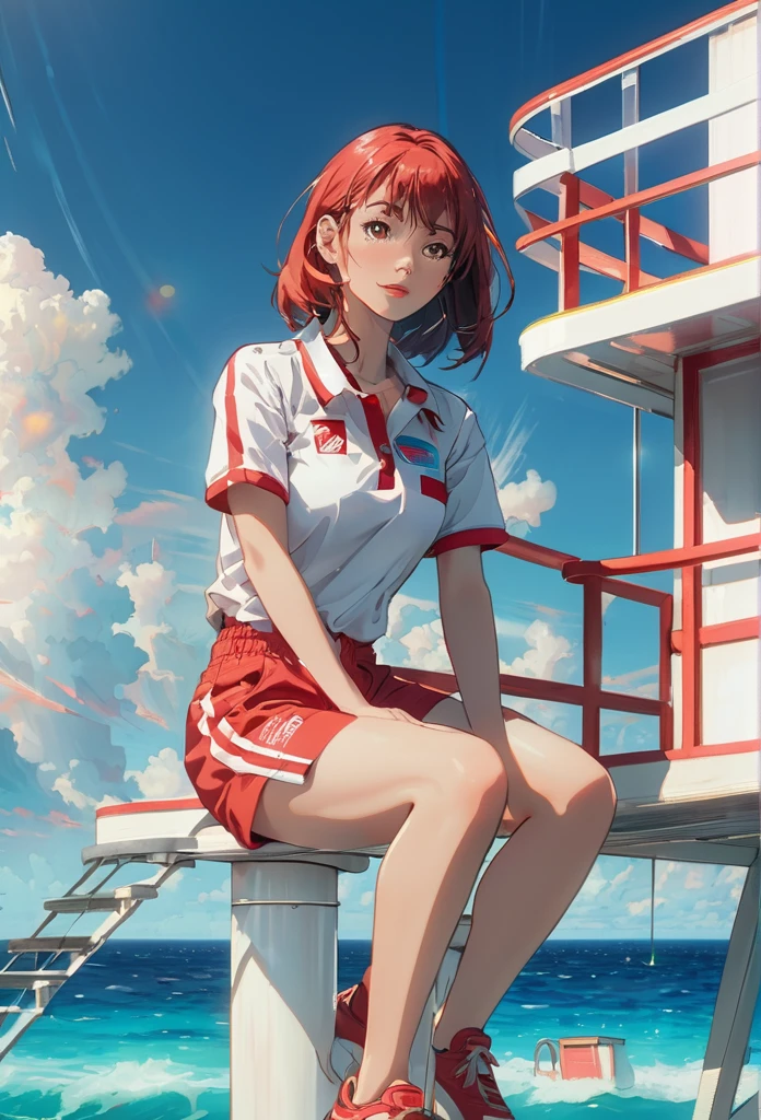 1girl, a girl as a lifeguard, sitting in the sun on a white lifeguard tower, plain white shirt, red shorts, 8k, professionally color graded, depth of field , futuristic-fantasy-anime
 