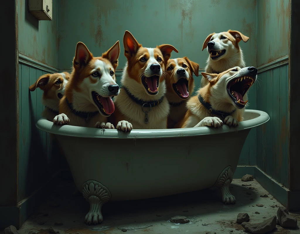 An intense scene of multiple dog trapped in a small, old-fashioned bathtub. They are desperately screaming for help, with expressions of fear and panic on their faces. The bathroom around them is dimly lit and grimy, with water overflowing from the tub. The people are tightly packed, reaching out with their hands, their faces showing a mixture of terror and urgency. The overall atmosphere is claustrophobic, with shadows and dampness highlighting the tension in the scene."