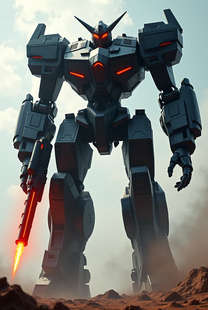 Generate Titan robot like a tower with black colour With fiery red eyes and holding big plasma rifle