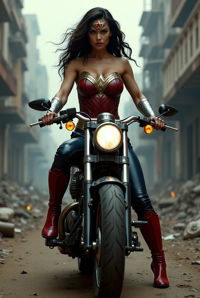 A beautiful woman Adriana Lima under the mantle of the Amazon warrior Wonder Woman red corset and navy blue pants with silver metal diaema scales with a red star on her forehead long red boots up to her knees this beautiful woman is on a high-cylinder futuristic motorcycle through the streets of an Apocalyptic city